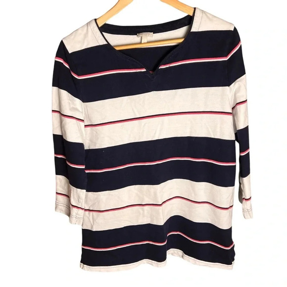 Talbots Multicolor Stripes Sleeve lengthThree-Quarter Side Slits V-neck Shirt L - Picture 2 of 6
